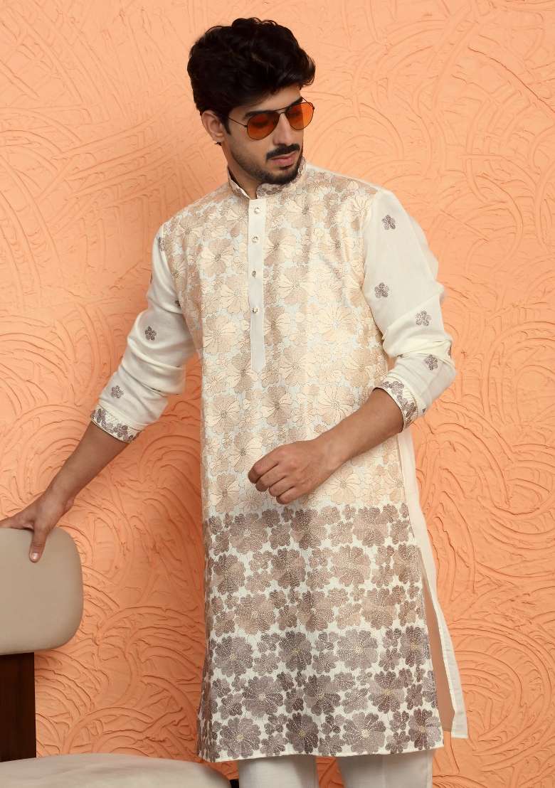 Beige Embroidered Silk Blend Kurta For Men - Indya