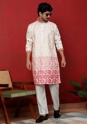 Pink Embroidered Silk Blend Kurta For Men