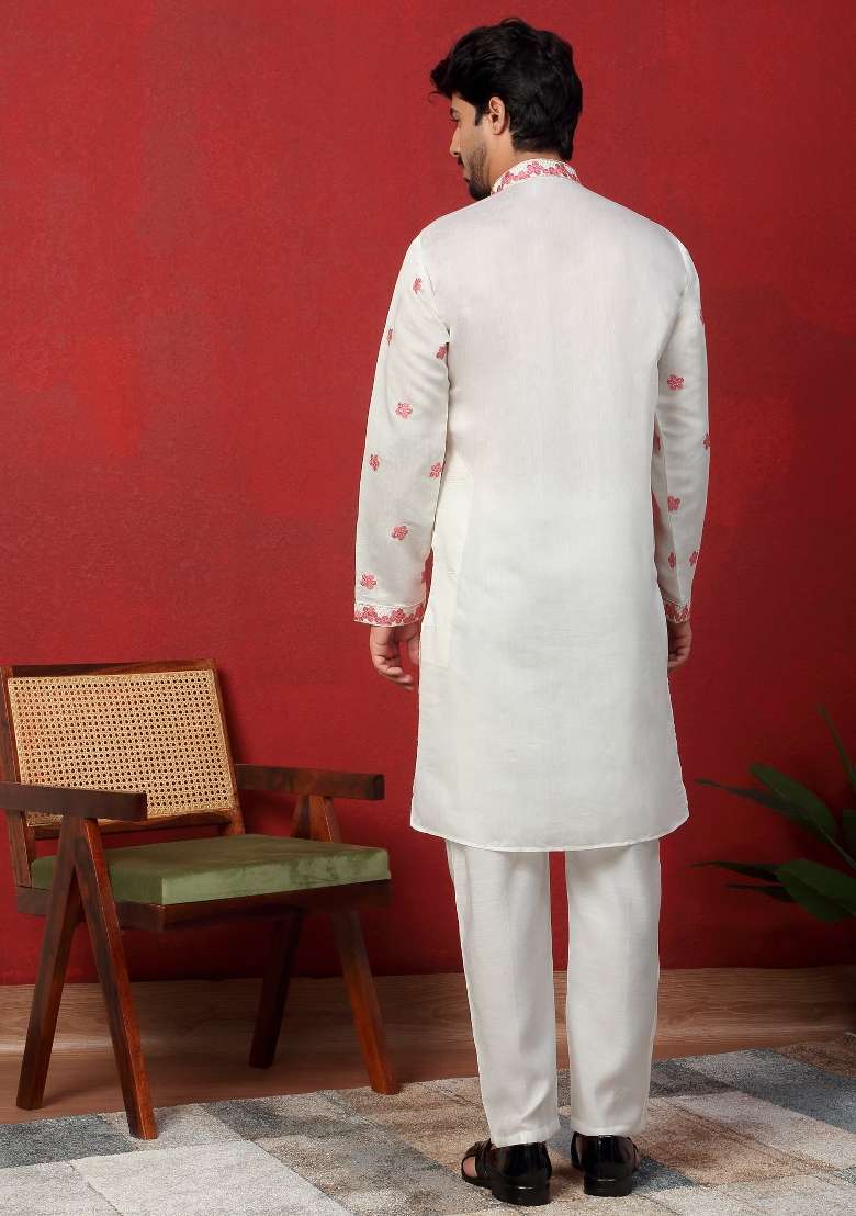 Pink Embroidered Silk Blend Kurta For Men - Indya
