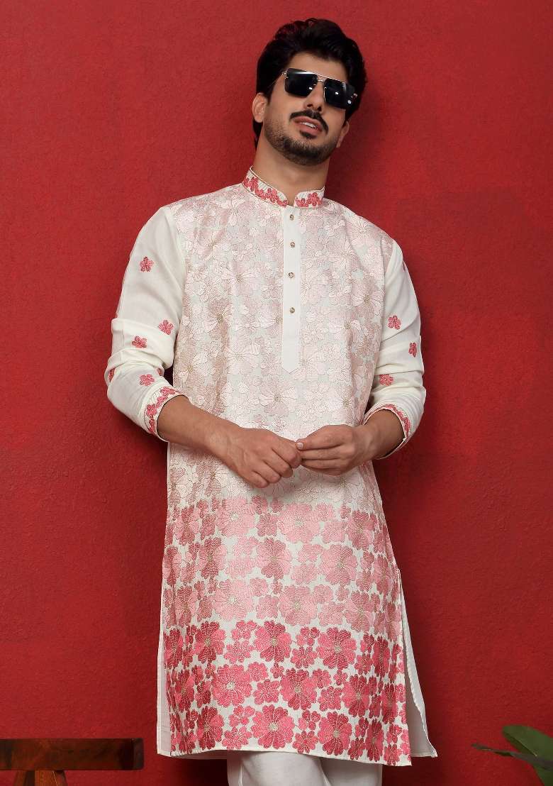 Pink Embroidered Silk Blend Kurta For Men - Indya
