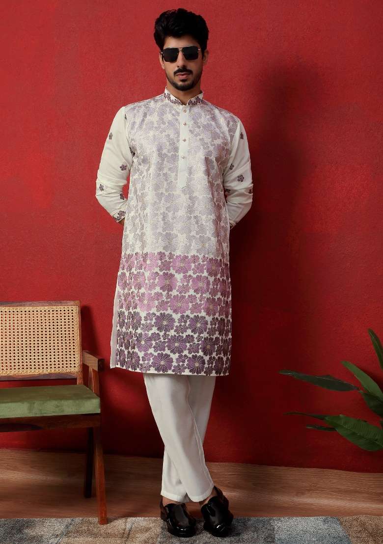 Purple Embroidered Silk Blend Kurta For Men - Indya