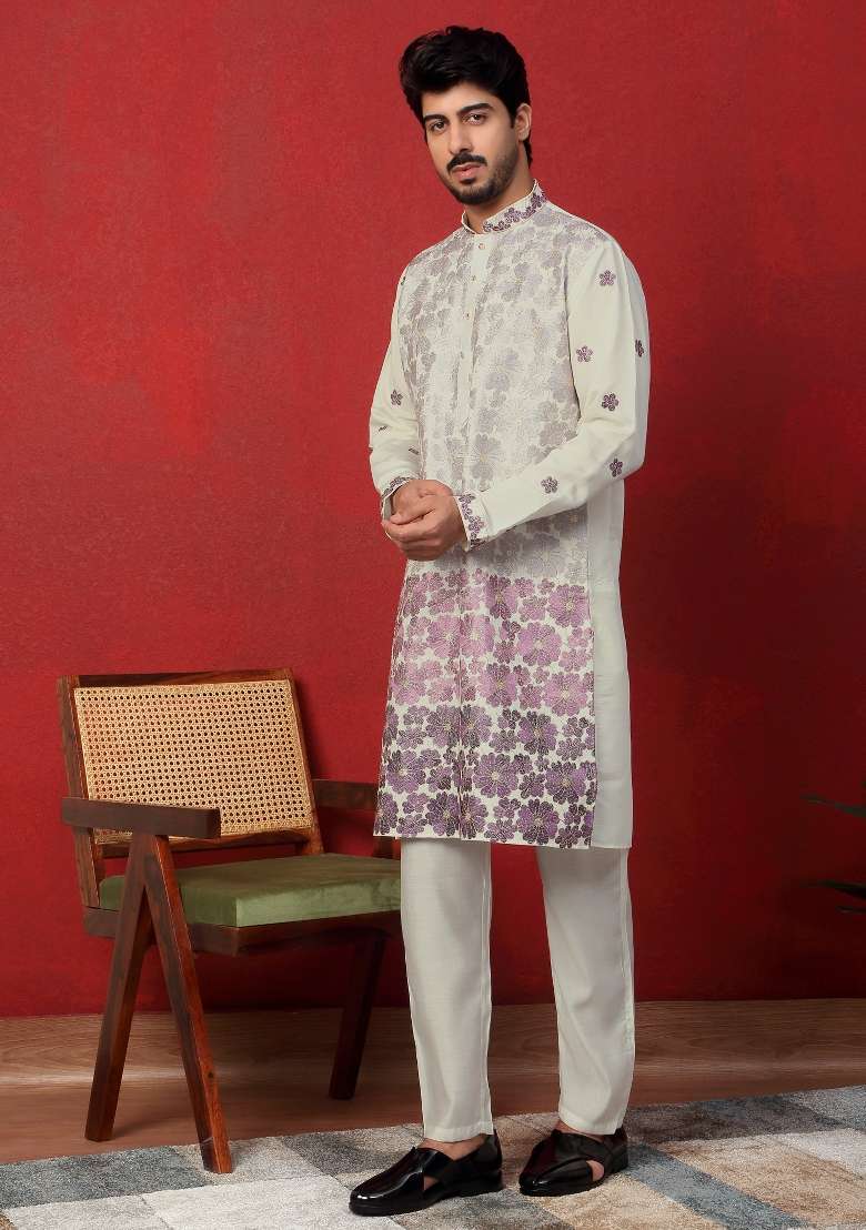Purple Embroidered Silk Blend Kurta For Men - Indya