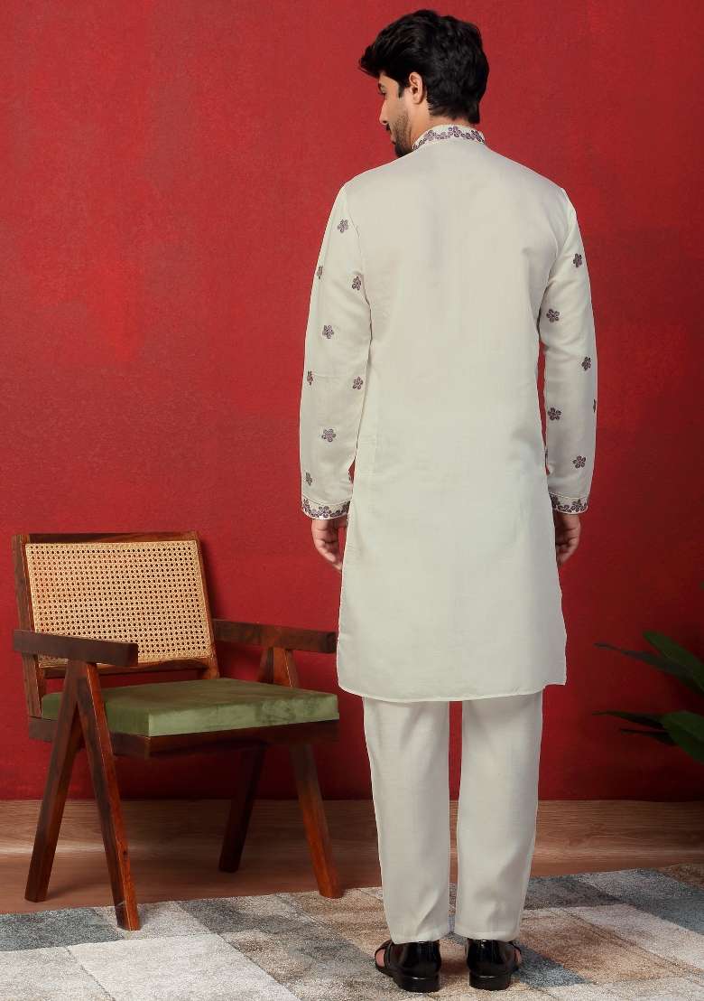 Purple Embroidered Silk Blend Kurta For Men - Indya