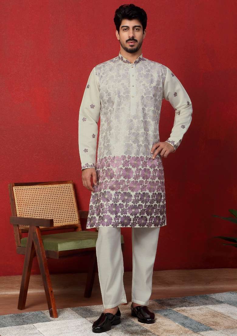 Purple Embroidered Silk Blend Kurta For Men - Indya