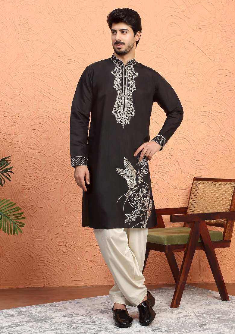 Black Embroidered Silk Blend Kurta For Men - Indya