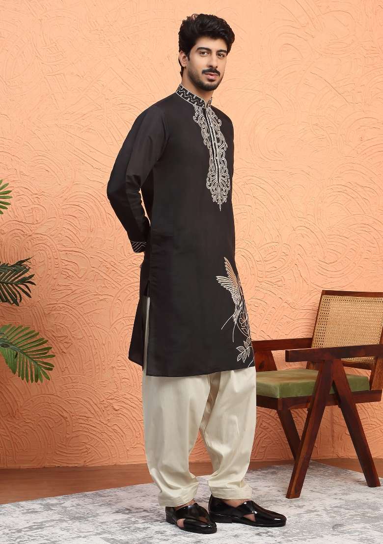 Black Embroidered Silk Blend Kurta For Men - Indya