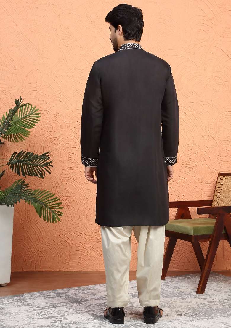 Black Embroidered Silk Blend Kurta For Men - Indya