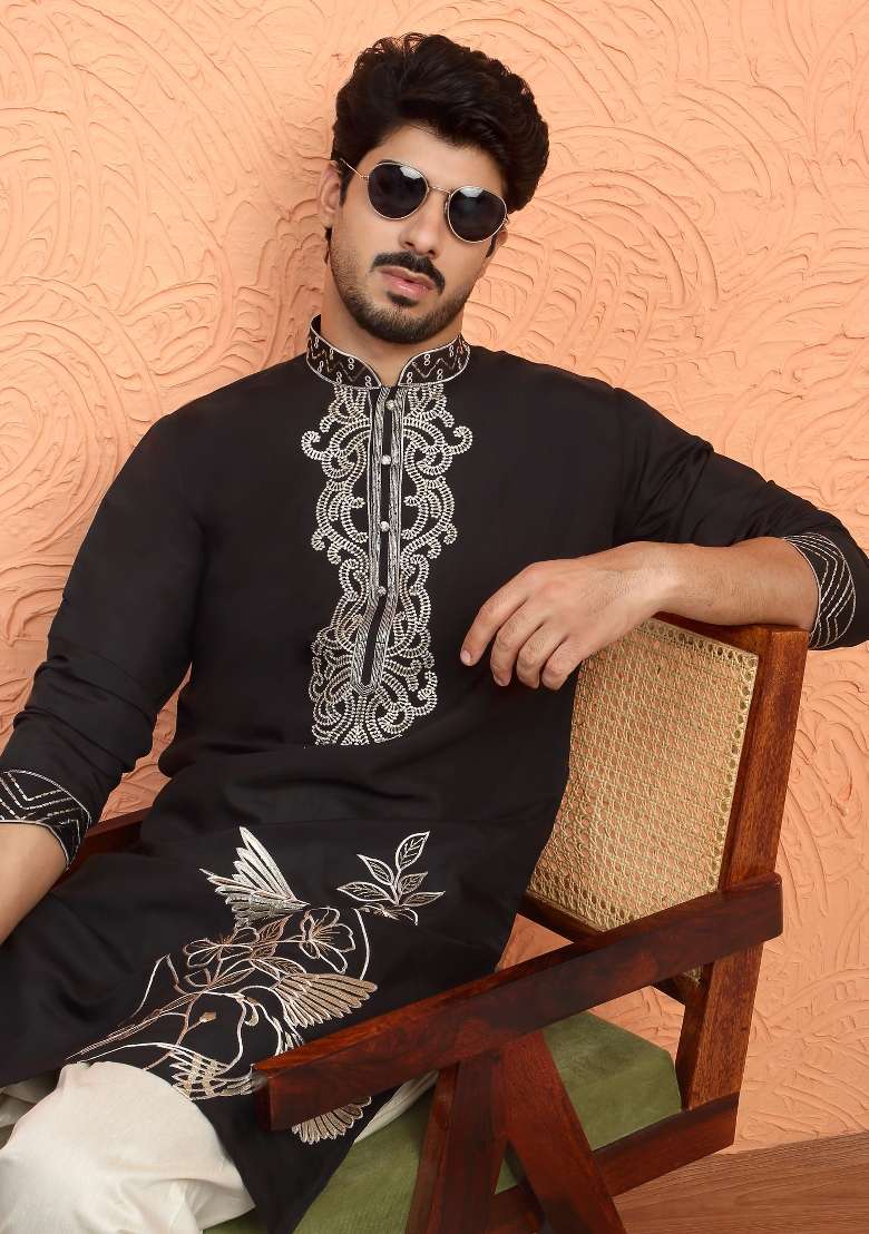 Black Embroidered Silk Blend Kurta For Men - Indya