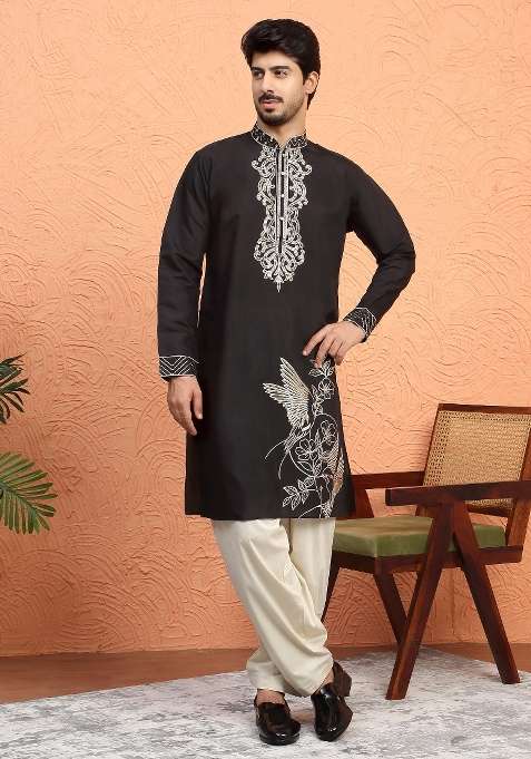 Black Embroidered Silk Blend Kurta For Men