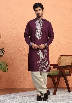 Wine Embroidered Silk Blend Kurta For Men