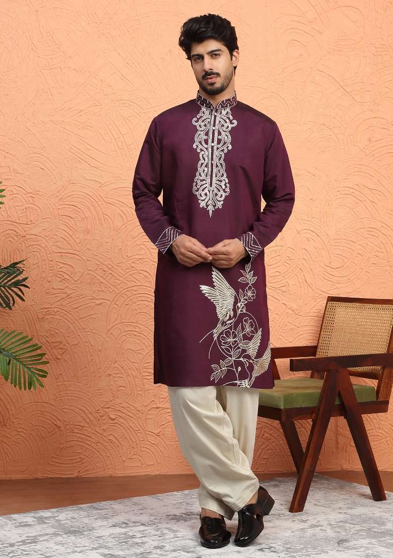 Wine Embroidered Silk Blend Kurta For Men - Indya
