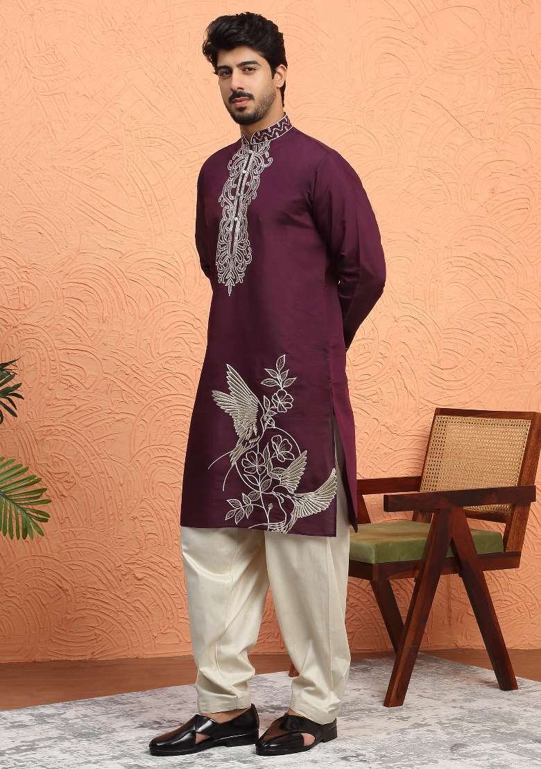 Wine Embroidered Silk Blend Kurta For Men - Indya