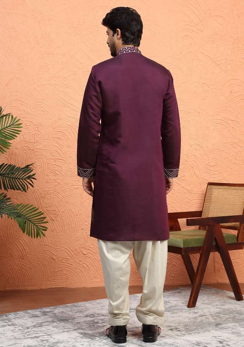 Wine Embroidered Silk Blend Kurta For Men - Indya
