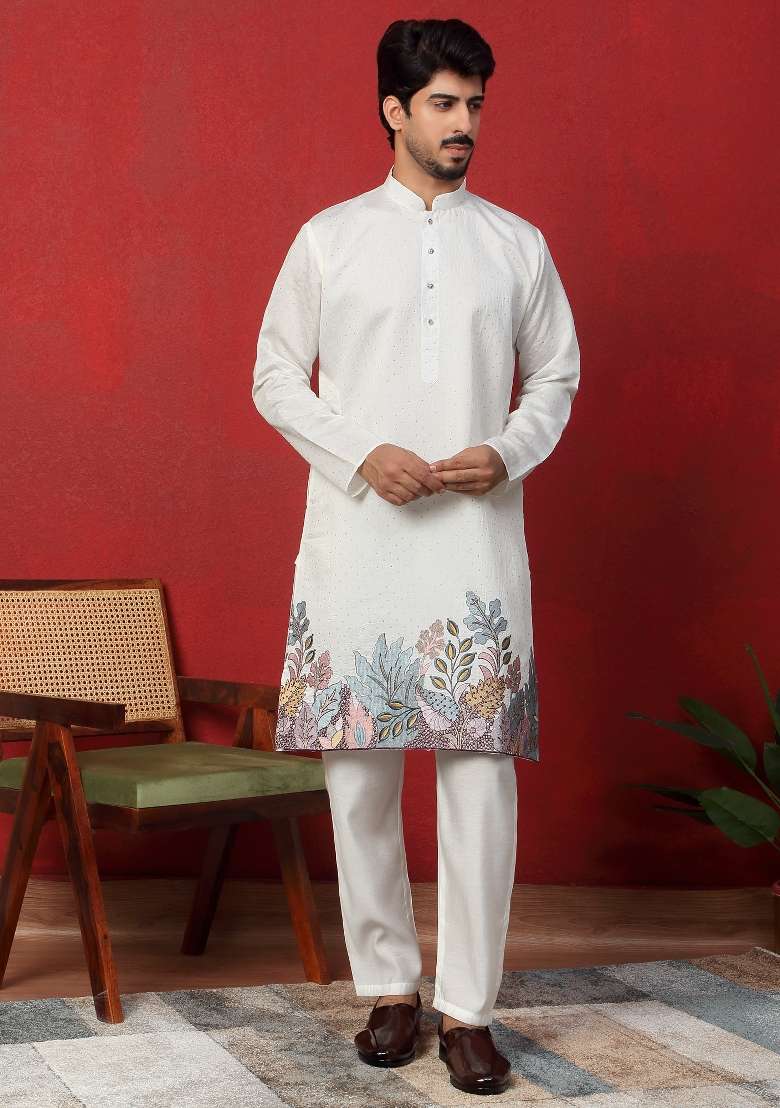 Cream Embroidered Silk Kurta For Men - Indya
