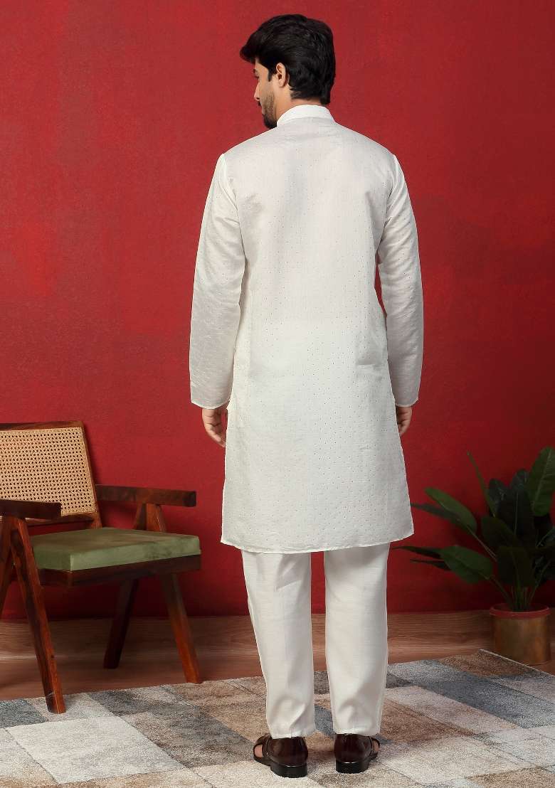 Cream Embroidered Silk Kurta For Men - Indya