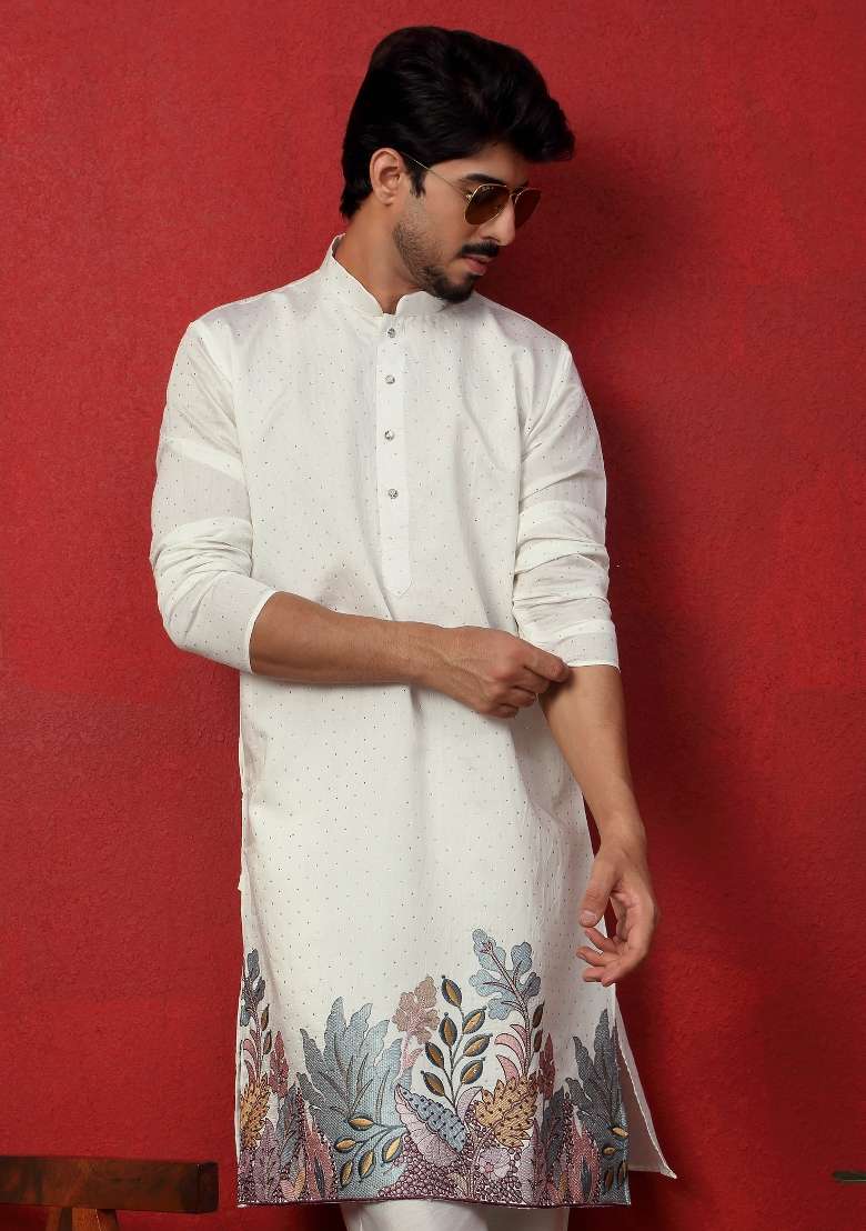Cream Embroidered Silk Kurta For Men - Indya
