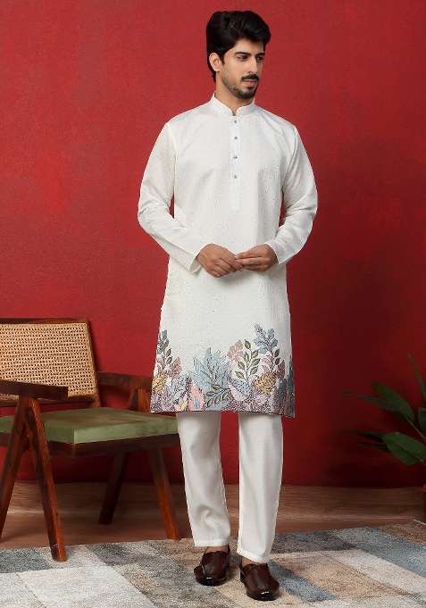 Cream Embroidered Silk Kurta For Men