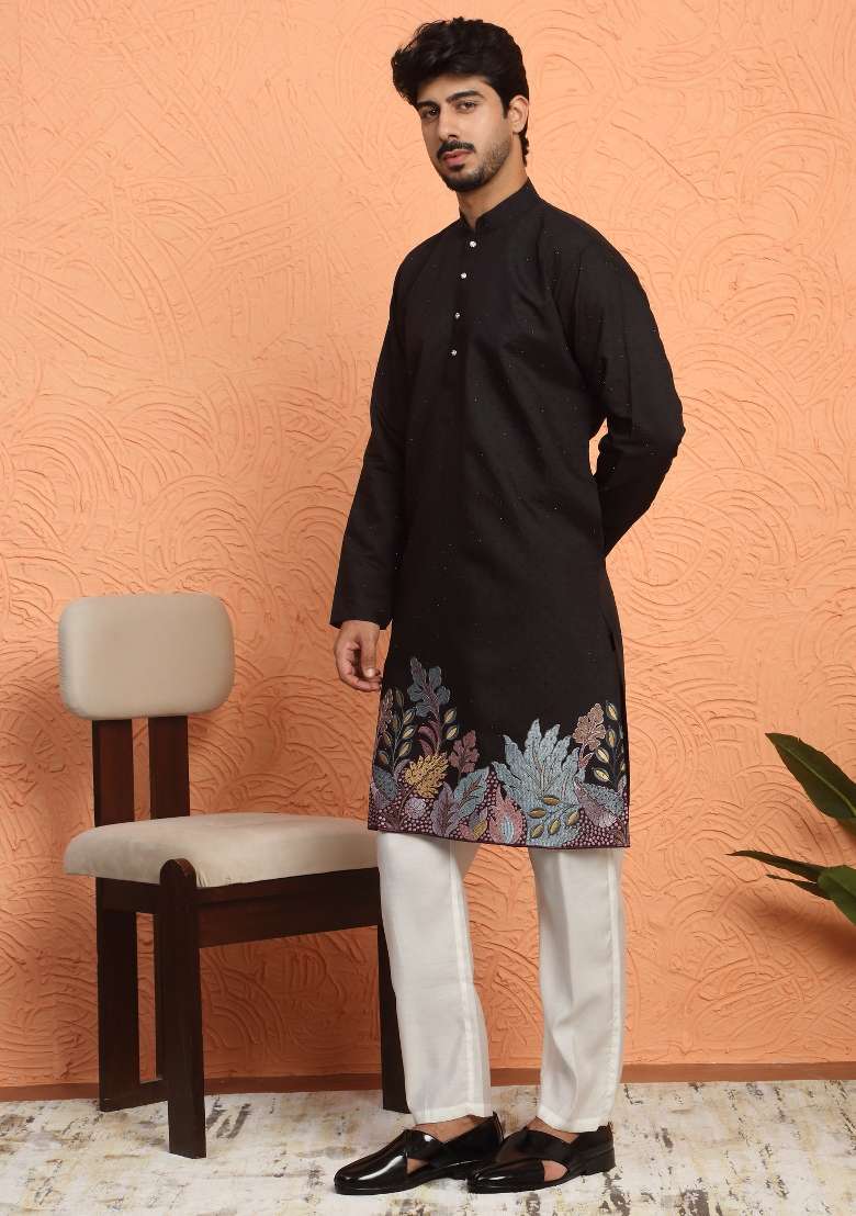 Black Embroidered Silk Kurta For Men - Indya