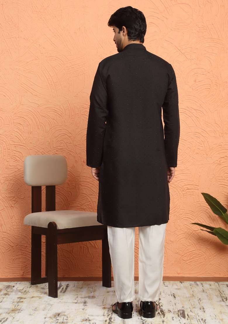 Black Embroidered Silk Kurta For Men - Indya