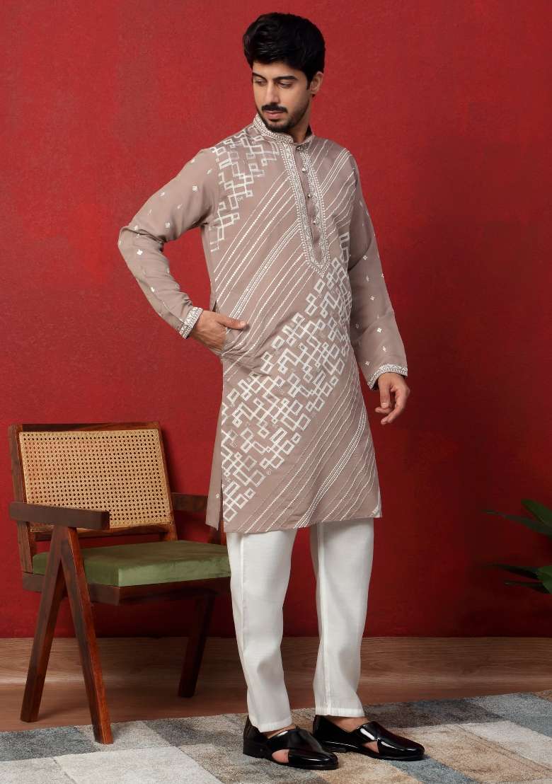 Beige Embroidered Silk Blend Kurta For Men - Indya