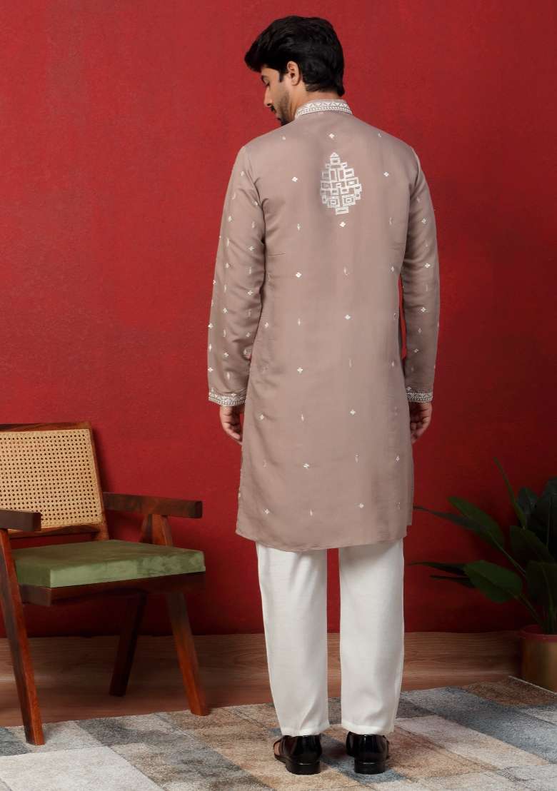 Beige Embroidered Silk Blend Kurta For Men - Indya