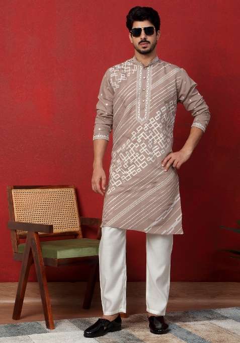 Beige Embroidered Silk Blend Kurta For Men