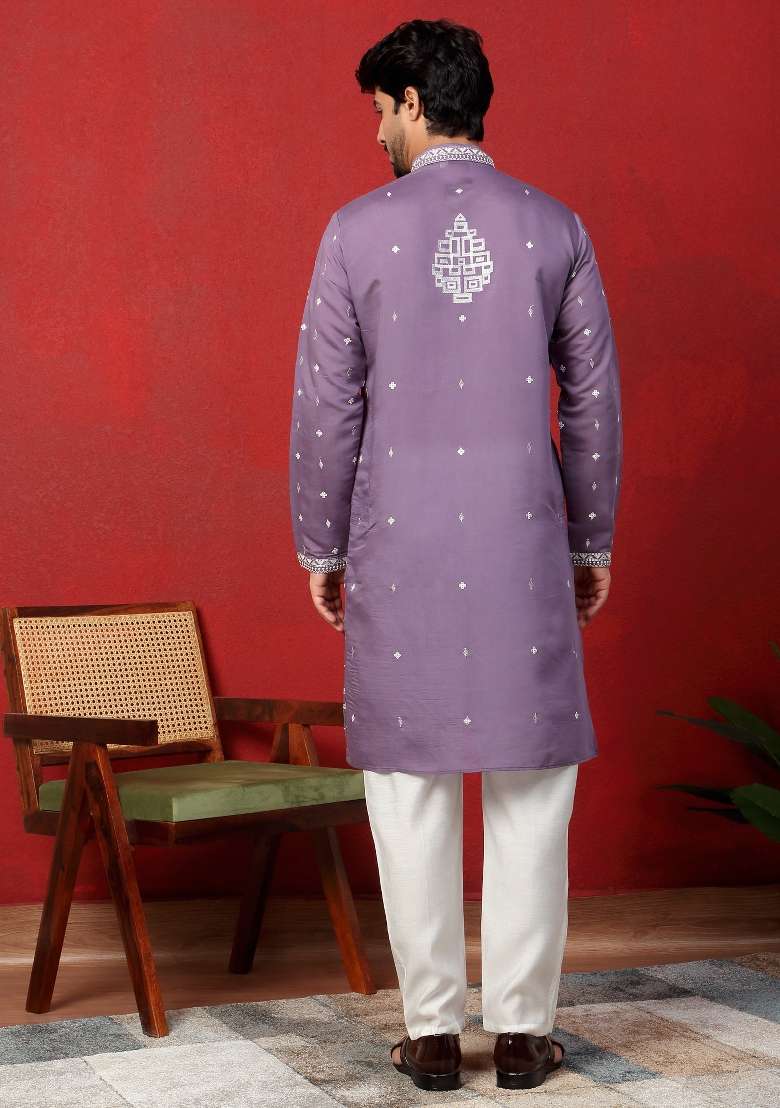 Purple Embroidered Silk Blend Kurta For Men - Indya