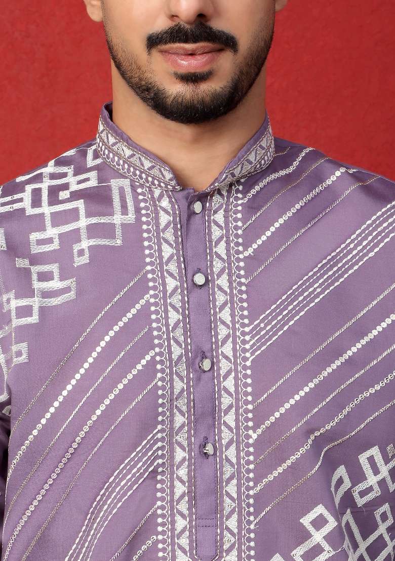 Purple Embroidered Silk Blend Kurta For Men - Indya