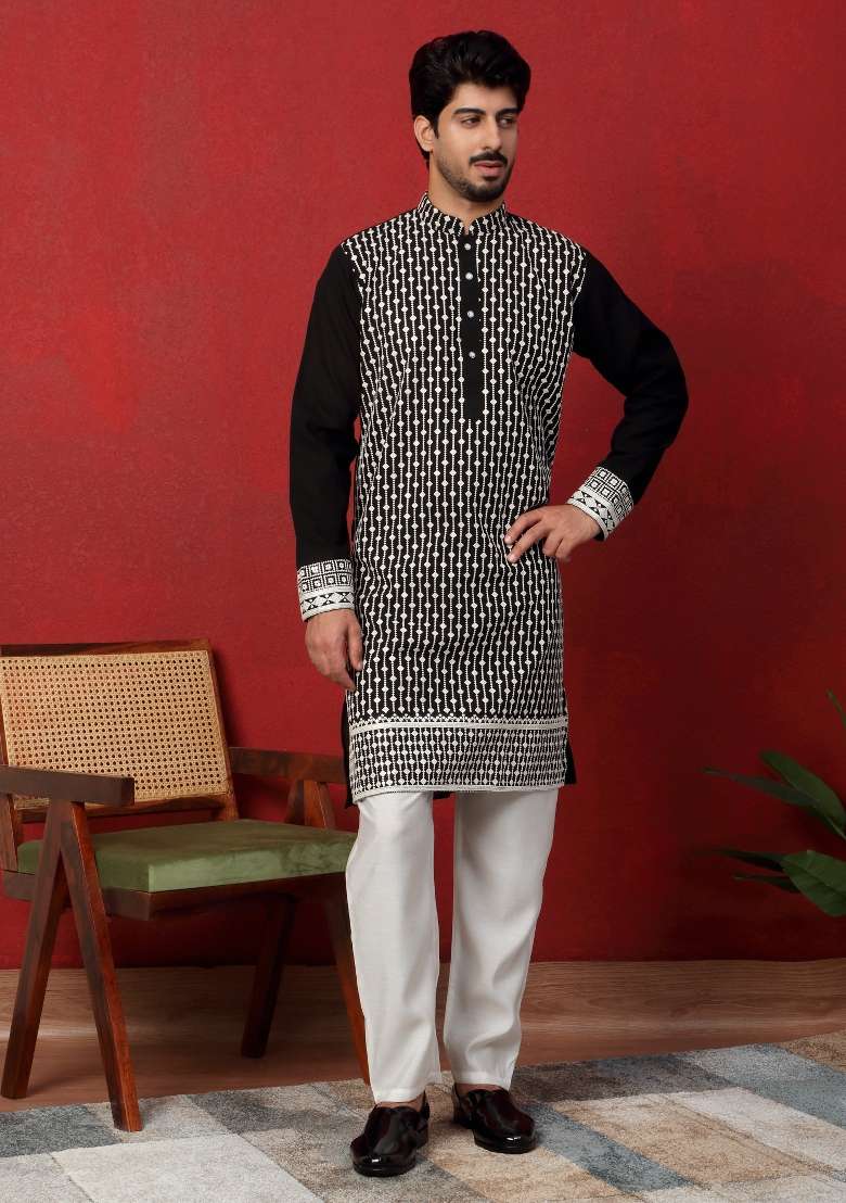 Black Embroidered Georgette Kurta For Men - Indya