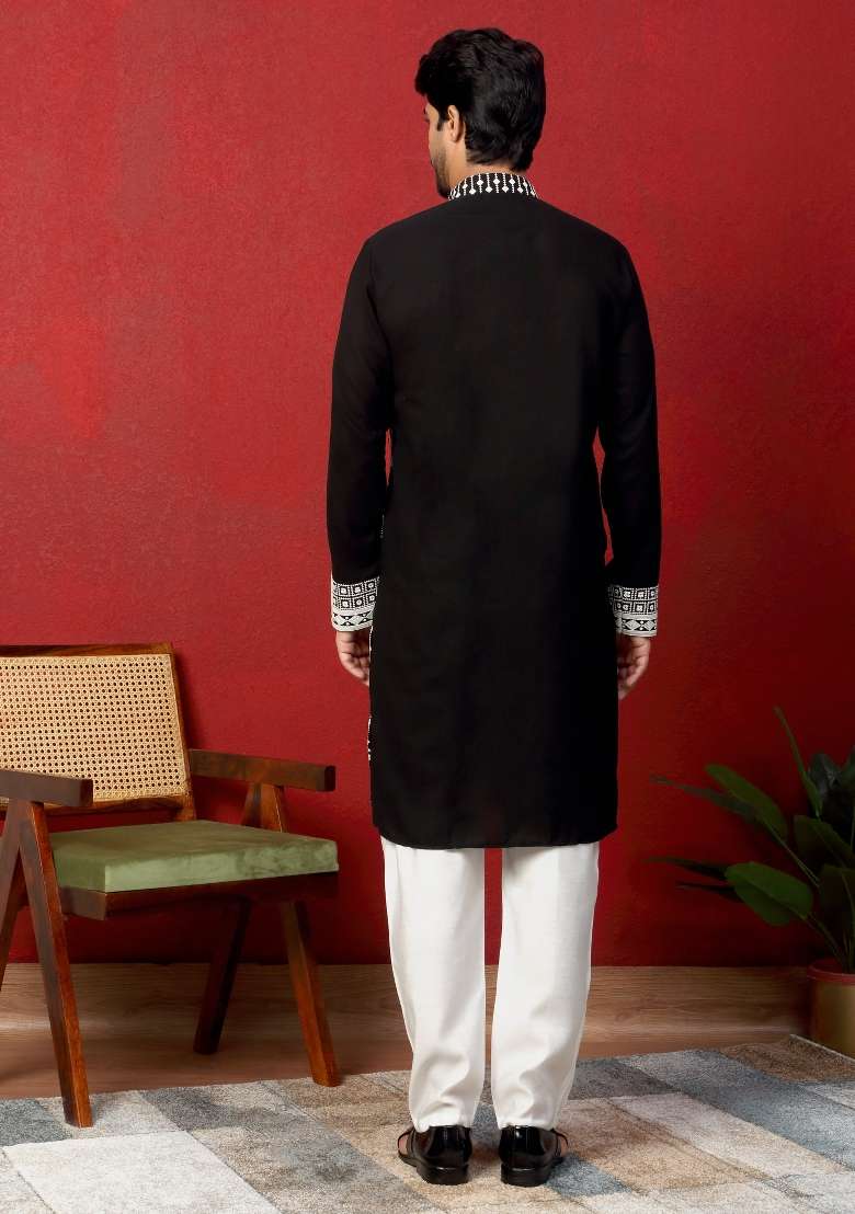 Black Embroidered Georgette Kurta For Men - Indya
