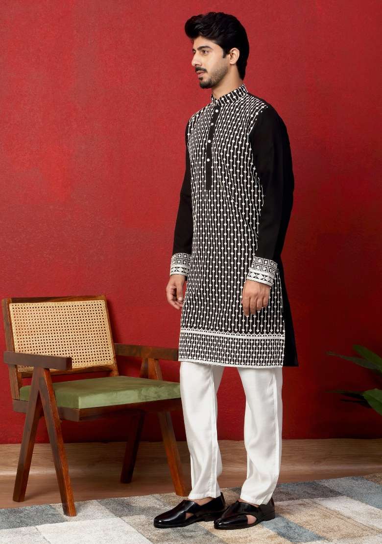 Black Embroidered Georgette Kurta For Men - Indya