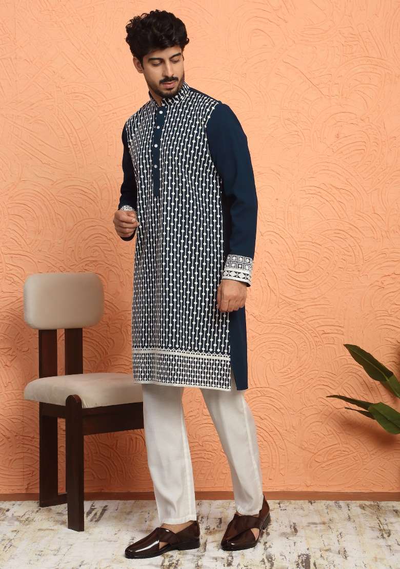 Blue Embroidered Georgette Kurta For Men - Indya