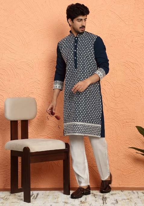 Blue Embroidered Georgette Kurta For Men