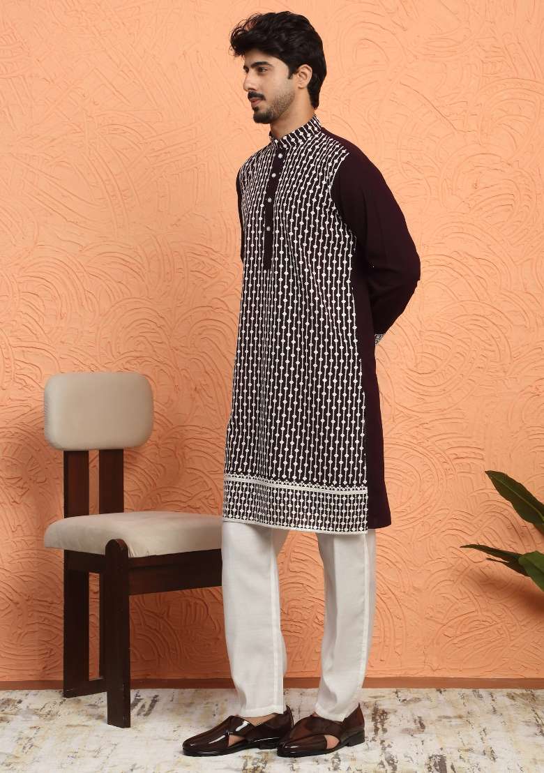 Wine Embroidered Georgette Kurta For Men - Indya
