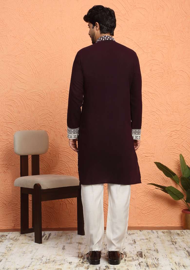 Wine Embroidered Georgette Kurta For Men - Indya