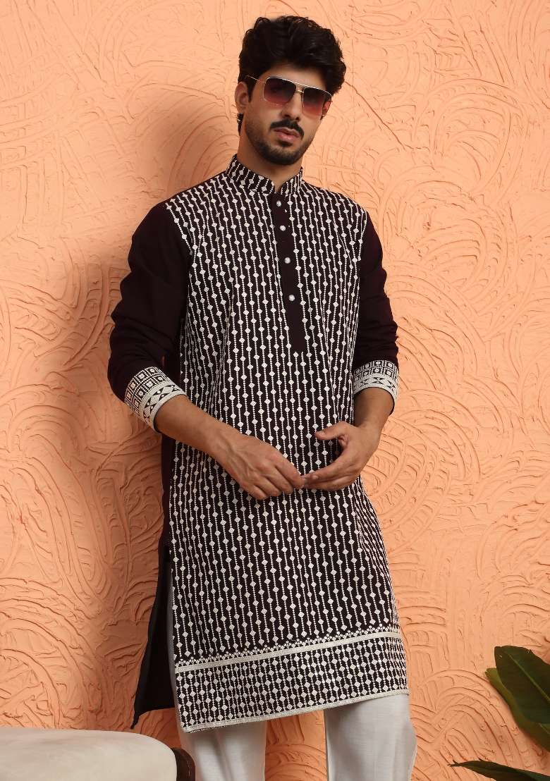 Wine Embroidered Georgette Kurta For Men - Indya
