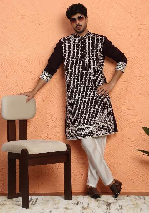 Wine Embroidered Georgette Kurta For Men