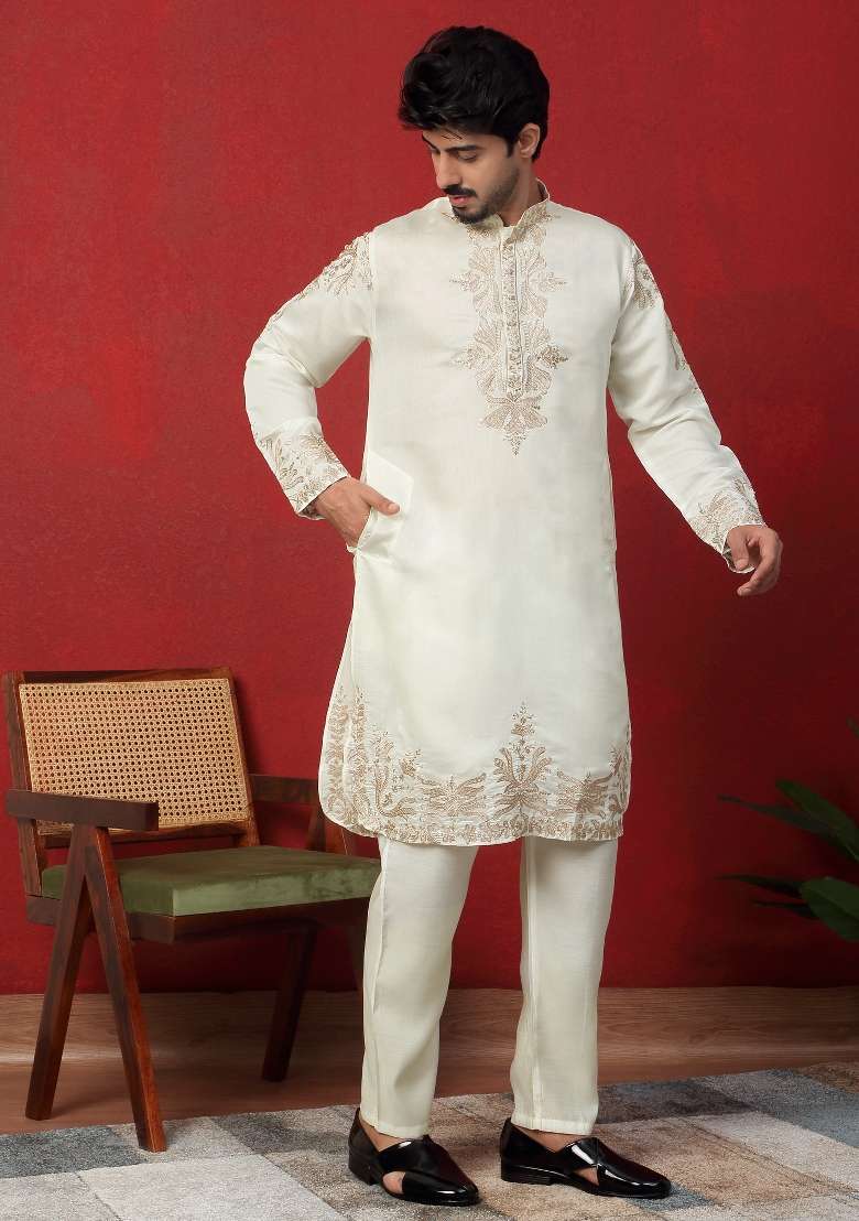 Cream Embroidered Silk Blend Kurta For Men - Indya