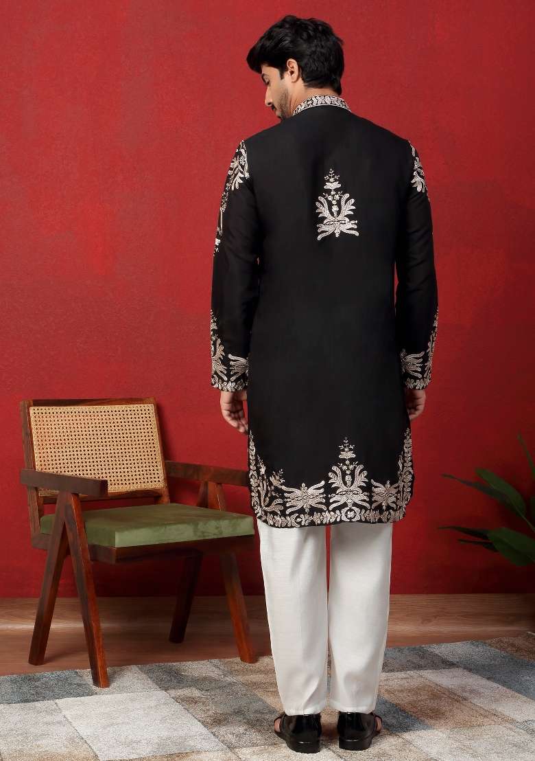 Black Embroidered Silk Blend Kurta For Men - Indya