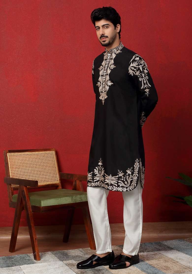 Black Embroidered Silk Blend Kurta For Men - Indya