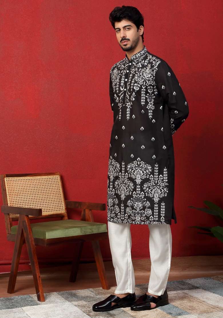 Black Embroidered Silk Blend Kurta For Men - Indya