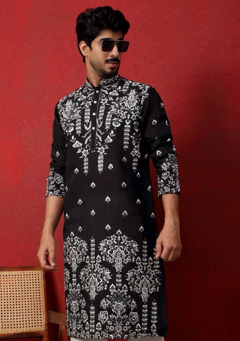 Black Embroidered Silk Blend Kurta For Men - Indya