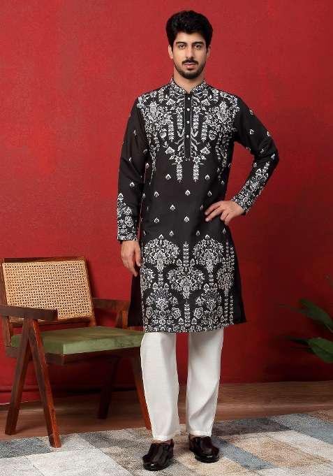Black Embroidered Silk Blend Kurta For Men
