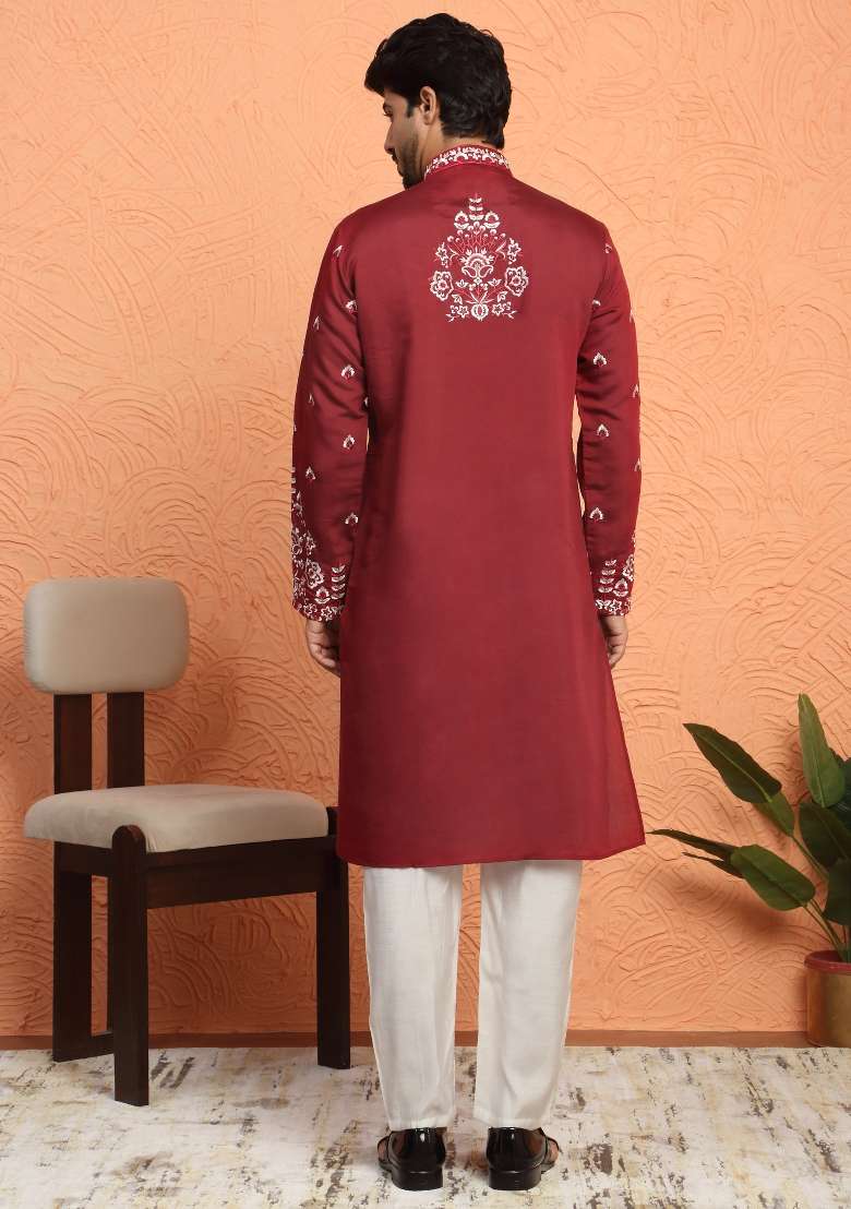Maroon Embroidered Silk Blend Kurta For Men - Indya