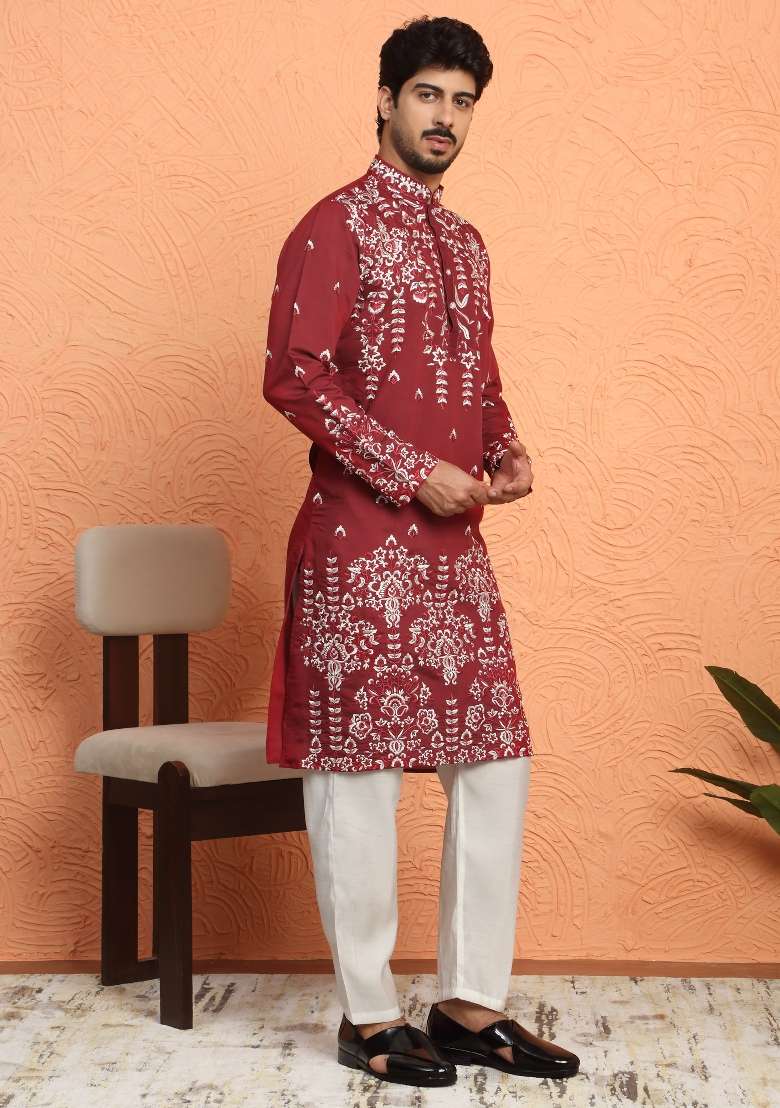 Maroon Embroidered Silk Blend Kurta For Men - Indya