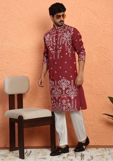Maroon Embroidered Silk Blend Kurta For Men