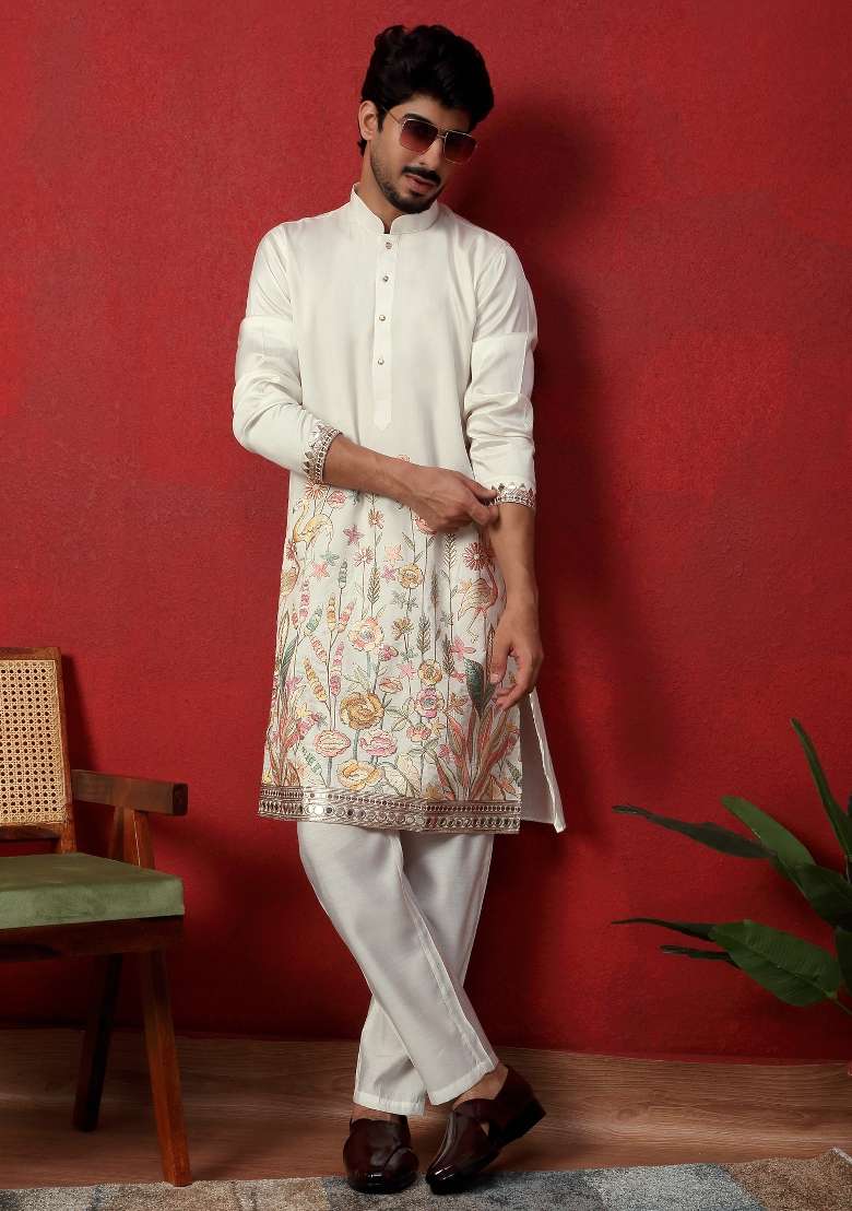 Cream Embroidered Silk Blend Kurta For Men - Indya