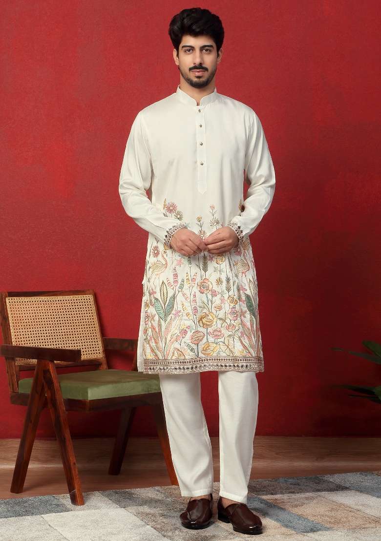 Cream Embroidered Silk Blend Kurta For Men - Indya