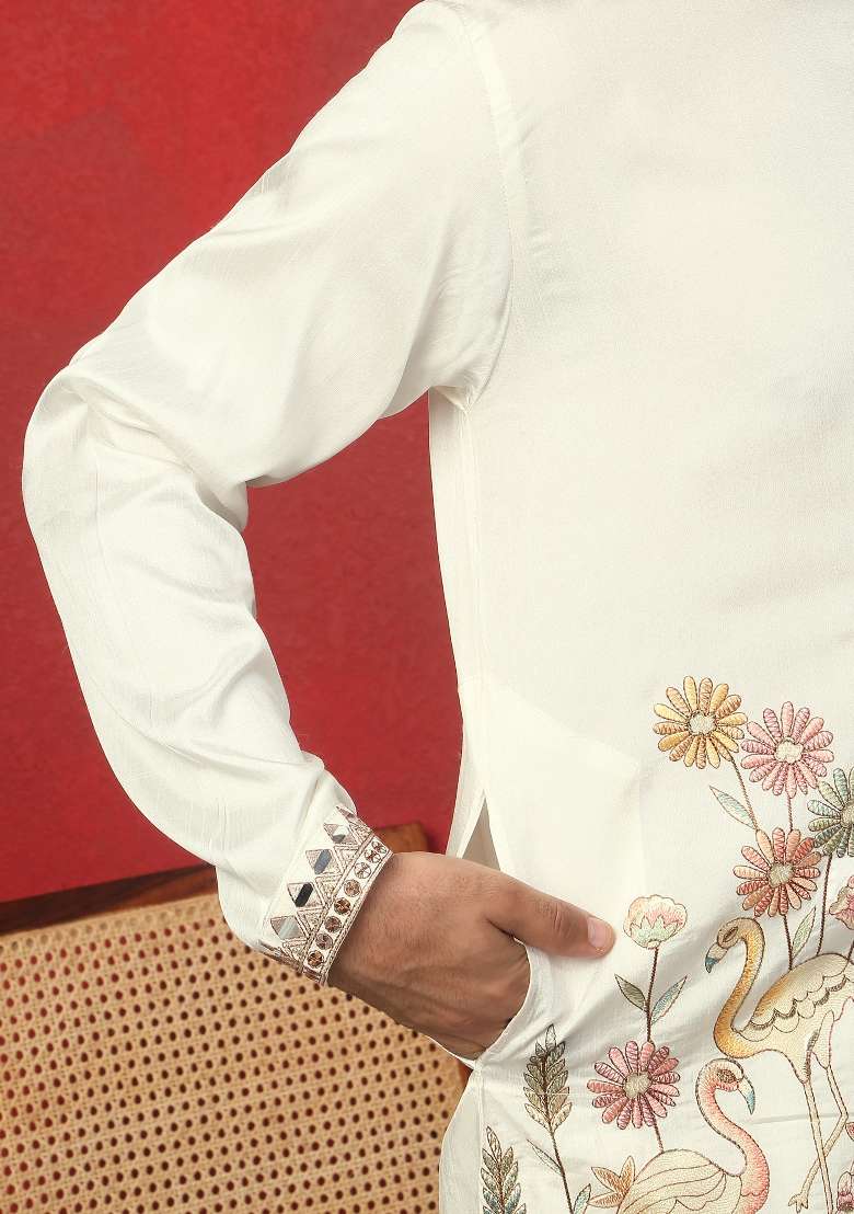 Cream Embroidered Silk Blend Kurta For Men - Indya