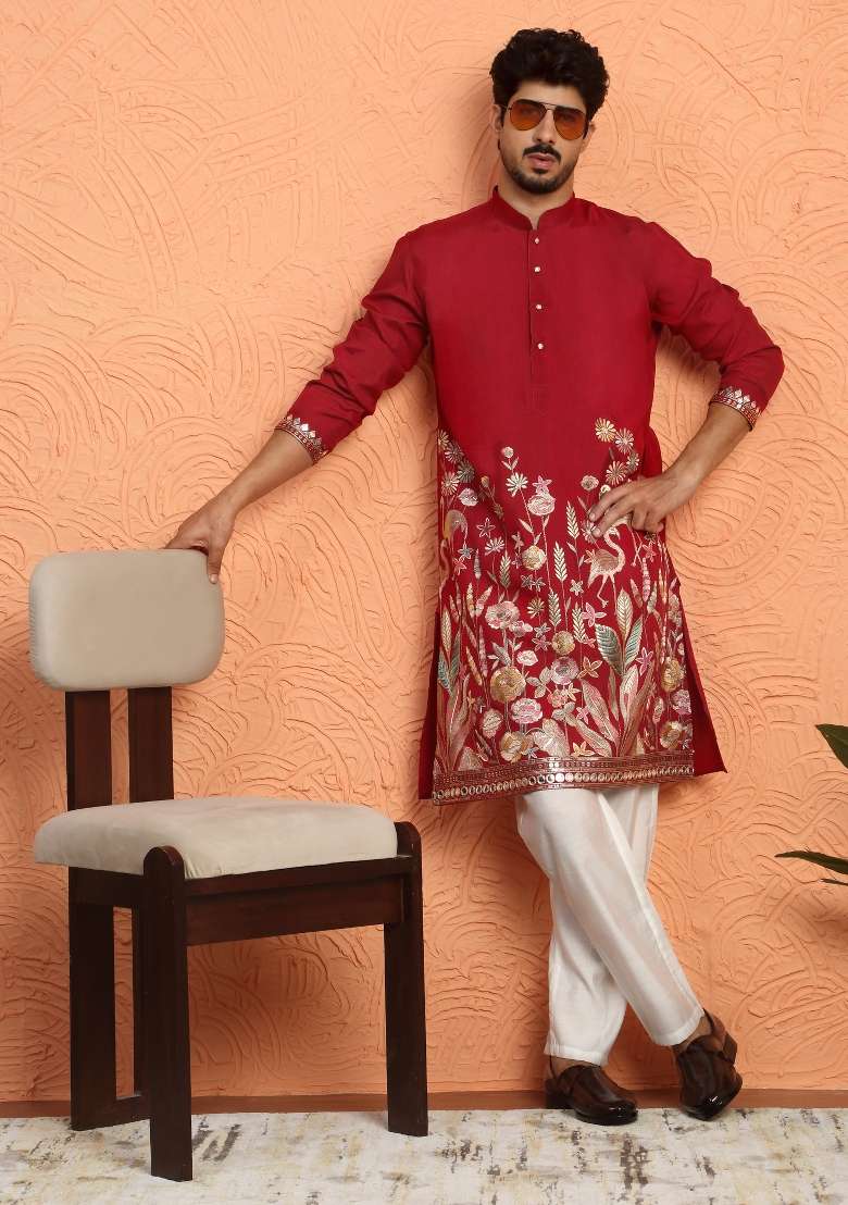 Maroon Embroidered Silk Blend Kurta For Men - Indya